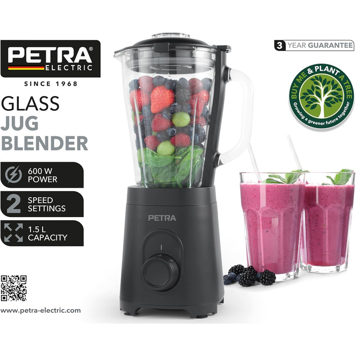 Скляний стаціонарний блендер Petra PT5531MBLKVDE, 1.5 л, BPA Free, 600 Вт, імпульсний режим, 2 швидкості, нержавіюча сталь, безпечна кришка, мірна шкала, для смузі