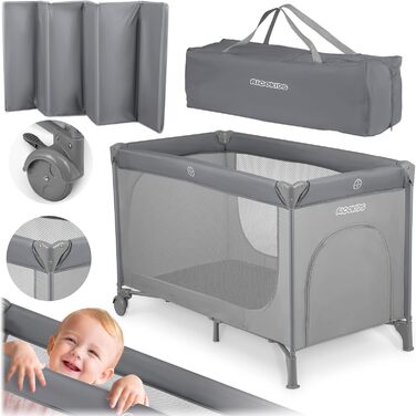Дитяче ліжечко-манеж Ricokids, складане, 125x65x78 см, 15 кг, з матрацом, колесами з гальмами, знімний боковий вхід, сіре