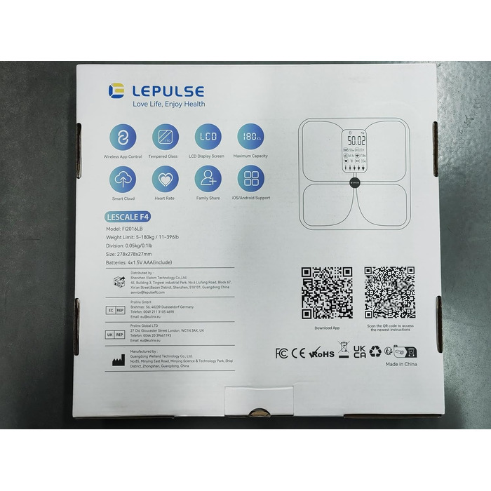 Розумна вага Lepulse Lescale F4 з аналізом складу тіла, визначенням жирової та м'язової маси, ультраточна вага з великим дисплеєм, 15 показників, біла
