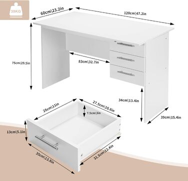 Стіл письмовий WOLTU з 3 шухлядами, комп'ютерний стіл білий 120x60 см, дерев'яний офісний та дитячий робочий стіл