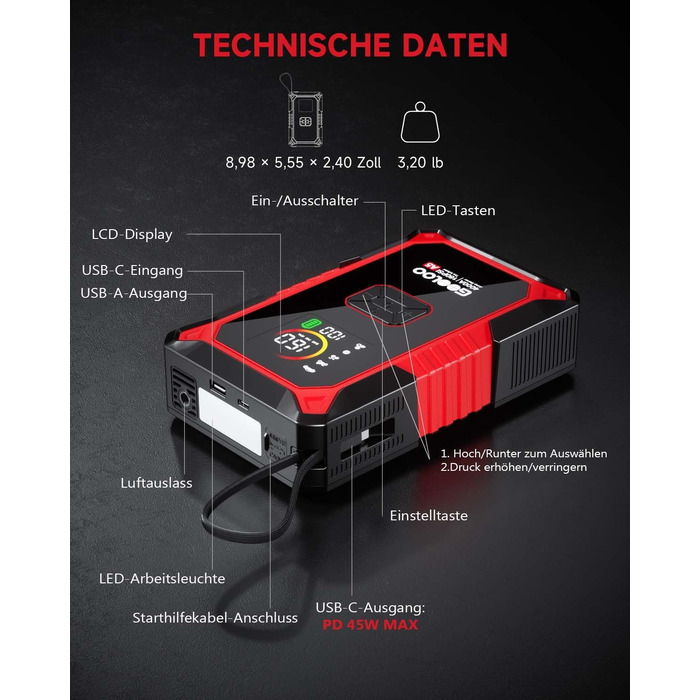 Пусковий пристрій GOOLOO A5 4000A з компресором 160 PSI та функцією Powerbank, червоний