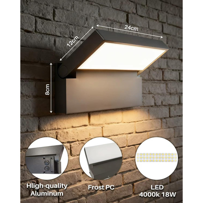 Світильник вуличний настінний LED EBION 18W, поворотний на 90°, водонепроникний IP54, алюміній, 4000K, антрацит