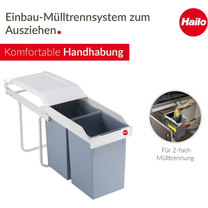 Вбудована система сортування сміття Hailo Multi-Box Duo L, два відра по 14 л, висувні контейнери, для кухні, кремово-біла