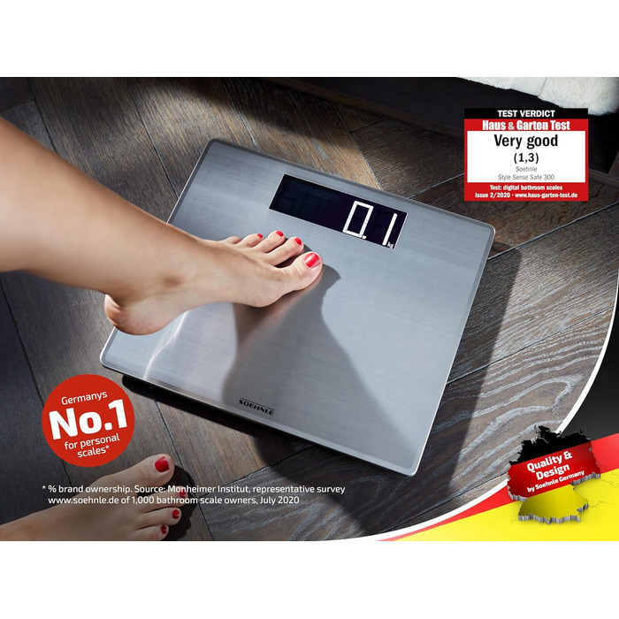 Електронна вага для людей Soehnle Style Sense Safe 300 з великою LCD, нержавіюча сталь, антивідбиткова поверхня