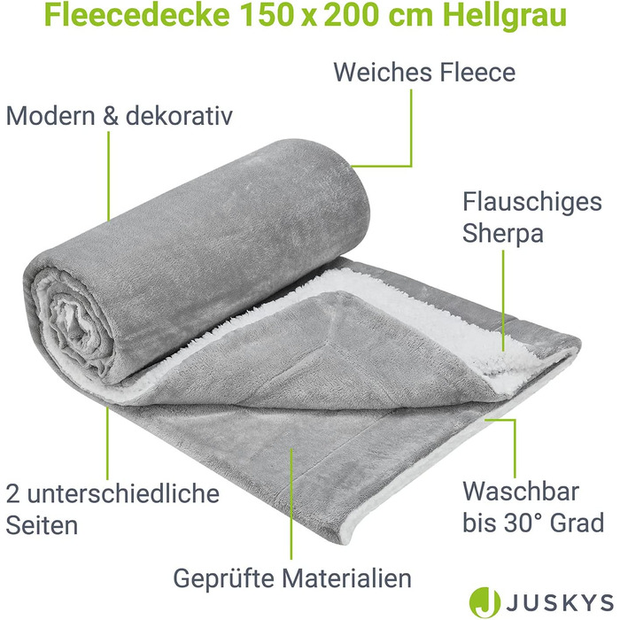 Плед Juskys з флісу та шерпи 150x200 см, пухнастий, теплий, праний, для ліжка та дивана, денний, ковдра-плед, світло-сірий