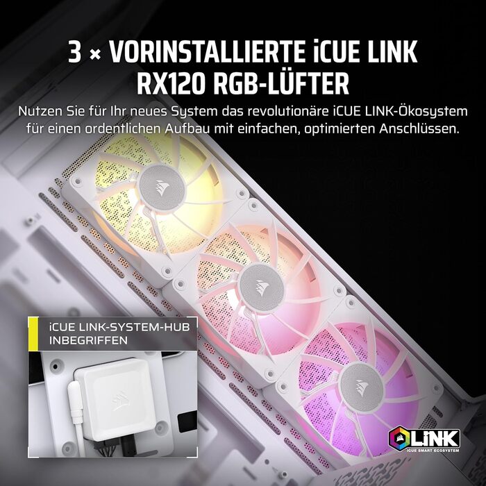 Корпус для ПК CORSAIR iCUE LINK 3500X RGB, середній ATX, білий, загартоване панорамне скло, сумісний з реверсивним підключенням материнської плати, 3 вентилятори RX120 RGB у комплекті