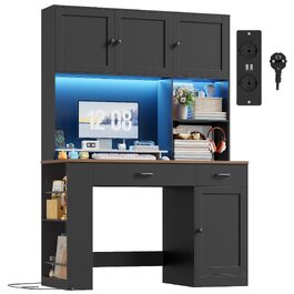 Письмовий стіл FirFurd 180x120x50 см з шухлядами, полицею для книг, LED-підсвіткою та розетками - дерев'яний комп'ютерний стіл для офісу, кабінету, дитячої кімнати (Чорний)