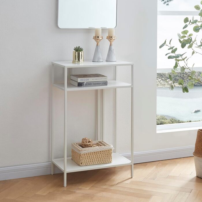 Консольний стіл en.casa Kumlinge білий металевий 55x30x85 см для вітальні і передпокою з полицею