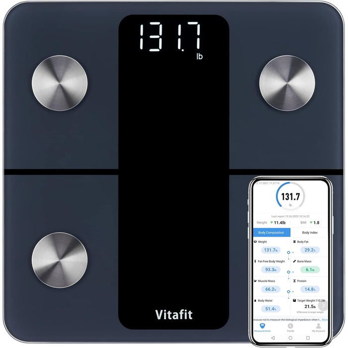 Ваги для вимірювання жирової маси тіла Vitafit з Bluetooth та додатком, 180 кг, чорні, аналізатор складу тіла, індекс маси тіла, м'язова маса