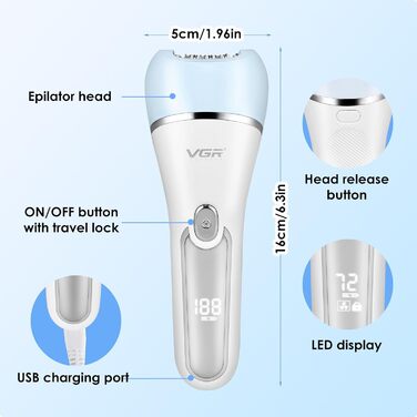 Електричний епілятор для жінок 6-в-1, бездротовий, з LED-дисплеєм, для вологого та сухого використання, з насадкою для пілінгу, щіткою для очищення, масажною головкою, синій