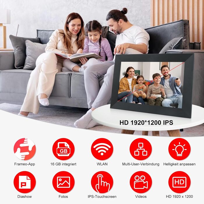 Frameo Цифровий фоторамка 10,1 дюймів Wi-Fi, FHD IPS сенсорний екран, Smart фоторамка з 16GB, автоматичне обертання, обмін фото та відео, можливе кріплення на стіну