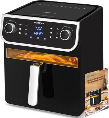 Aigostar аерофритюрниця 8 л XXL з віконцем, 1700 Вт, 12 програм, подвійний кошик, сенсорний дисплей, BPA-free, срібляста