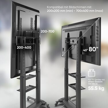 ONKRON мобільна стійка для телевізора 40-80 дюймів, до 55 кг, алюмінієва, регульована висота, VESA 700x400, на колесах, чорна, модель TS2771-B