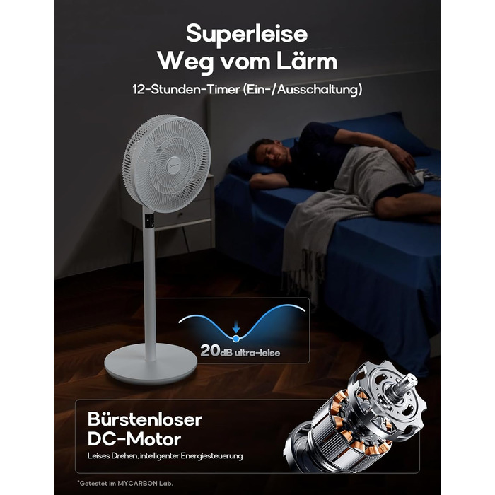 Вентилятор підлоговий MYCARBON DC мотор, надтихий (20дБ), LED дисплей, 12 швидкостей, пульт, 60/90/120° осциляція, таймер 12 год, 14 дюймів, для кімнати до 20 м²