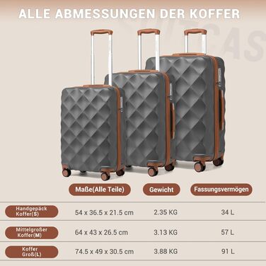 Набір валіз British Traveller з жорстким корпусом, 3 предмети, замок TSA (Сірий, 34л + 57л + велика валіза)