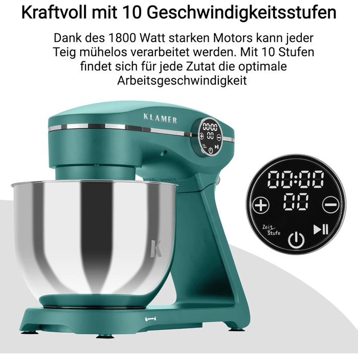 Кухонний комбайн KLAMER 1800W — Планетарний міксер для тіста з чашею 6л, 10 швидкостями та таймером, набір насадок (гак, вінчик, міксер), колір бірюзовий