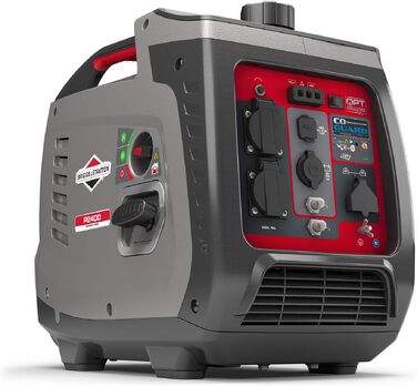 Інверторний бензиновий генератор Briggs & Stratton PowerSmart P2400, 2400 Вт (1800 Вт постійної потужності), 230 В, ультратихий та легкий, сіро-червоний