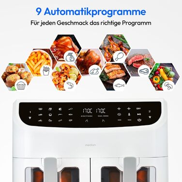 MEDION P20 XXL аерофритюрниця з двома камерами, 8,7 л, 2600 Вт, подвійна камера, 9 автоматичних програм, 2 шухляди, оглядове вікно, функція Dual Cook і Sync-Finish, біла