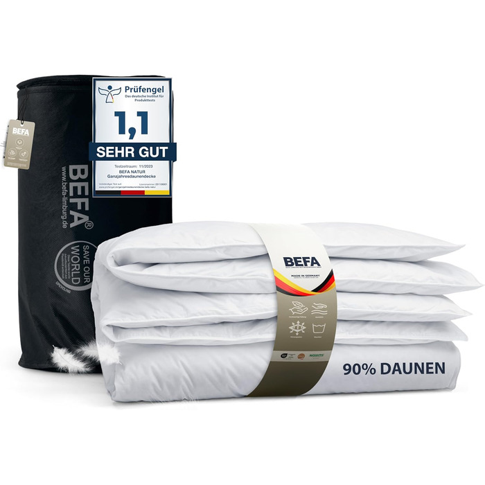 BEFA NATUR зимова ковдра 135x200 см, 90% пух, 10% перо, гіпоалергенна, сертифікат Öko-Tex 100, Downpass, Made in Germany