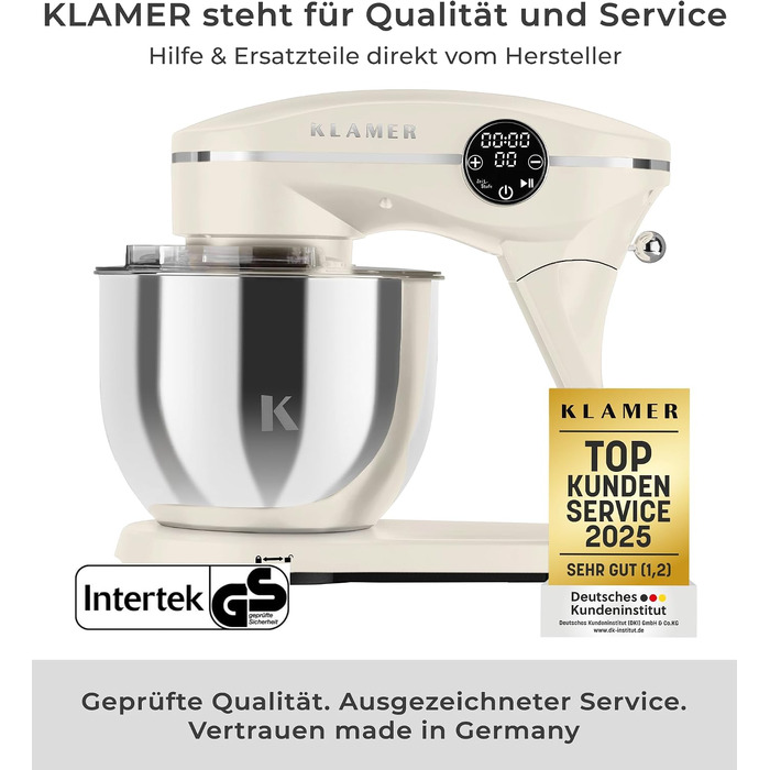 Планетарний міксер KLAMER 1800W для тіста з чашею 6л з нержавіючої сталі, 10 швидкостей, таймером та набором насадок (гак, вінчик, міксер), колір Premium Creme