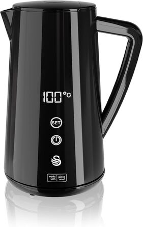 Електрочайник Swan Alexa Smart 1,5 л, WiFi, сенсорний LED-дисплей, підтримка температури, ізольована сталева колба, 1800 Вт, чорний, SK14650BLKN, британська вилка