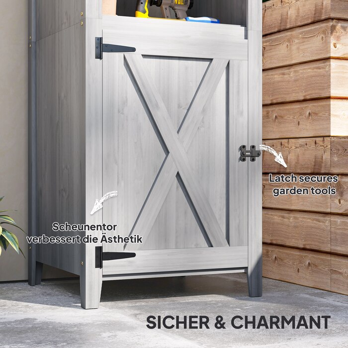 Outsunny Garden Шафа з дерева, Садовий сарай стійкий до погодних умов 60x60x160см, Садовий сарай з дверима, регульовані по висоті полиці, Садова шафа, що закривається, Садовий сарай для саду, Тераса, Задній двір, Світло-сірий