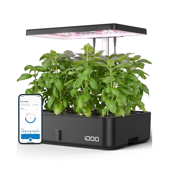 iDOO Гідропонна система для вирощування рослин, розумний сад, WiFi, з LED-лампою, вентилятором, таймером, для вирощування трав, 12 посадкових місць