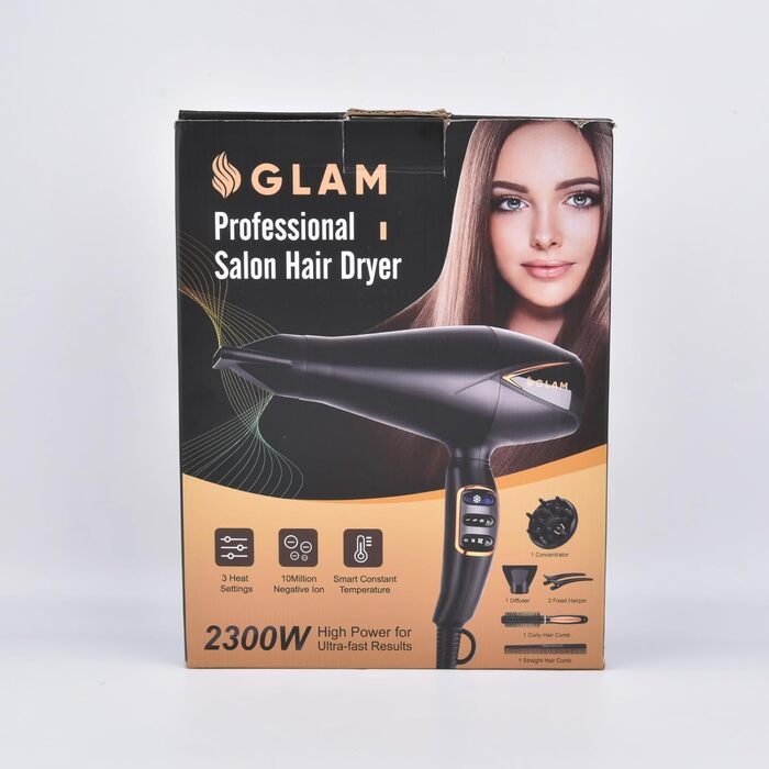 Потужний фен для волосся GLAM Profi 2300 Вт з іонізацією, AC-мотором, 2 швидкостями, 3 температурними режимами, холодним обдувом, дифузором і концентратором, чорний – професійна сушка волосся