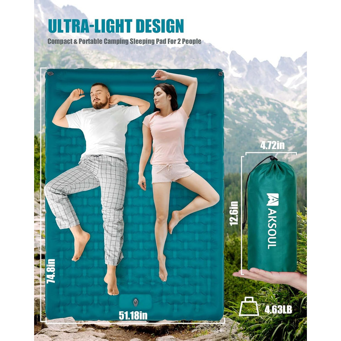 Самонадувний кемпінговий килимок AKSOUL Outdoor: ультралегкий надувний матрац з подушкою, термоізоляційний складний матрац для намету, трекінгу та пляжу, 12 см, двомісний, колір павлін