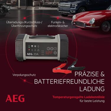 Зарядний пристрій акумуляторів AEG LT 20, 20A для 12/24V авто, 9-ступінчатий, з інтелектуальною функцією заряджання та автоматичним вирівнюванням температури, чорний/сірий