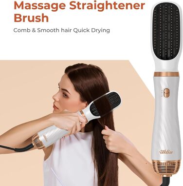 UKLISS Hairstyler 6 в 1: Професійний фен-щітка з насадками для укладки волосся 1000 Вт, повітряна щітка, мультистайлер, білий (золотий)
