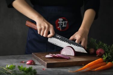 Професійний японський ніж Kiritsuke HEZHEN 21,5 см, кухонний ніж із 3-шарової дамаської сталі з восьмигранною ручкою з червоного дерева та дерев'яним чохлом