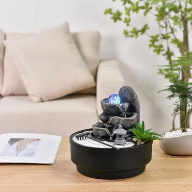 Садовий фонтан Zen з обертовою скляною кулею, LED підсвіткою, білим піском, закритою циркуляцією води, 21 см, Bogota Zen'Light – декор для дому та саду