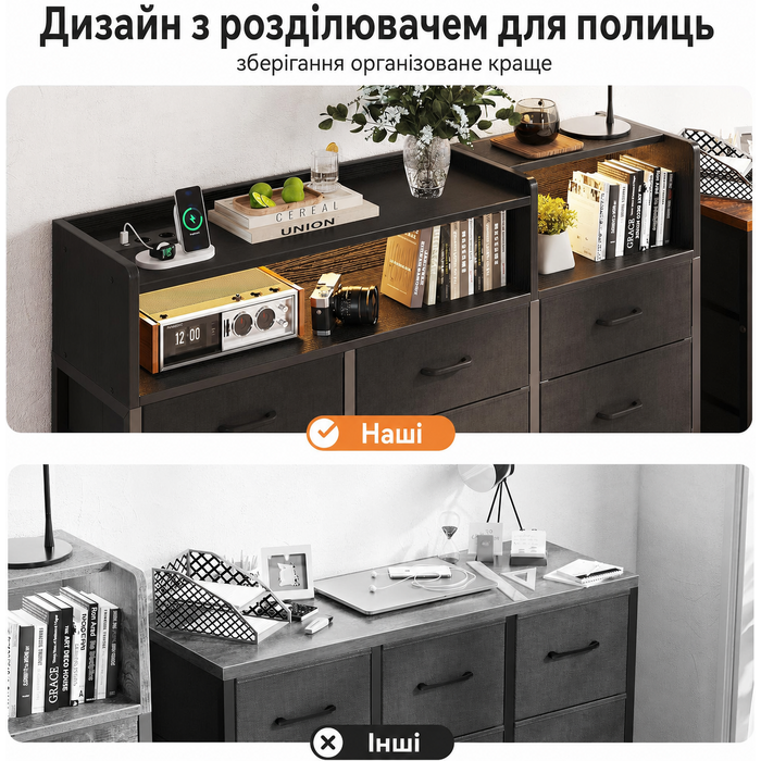 Комод ODK з шухлядами, 2 розетки, 2 USB, 10 LED-смужок, полиця, стільниця, 9 тканинних шухляд, чорний колір, 130x30x97 см