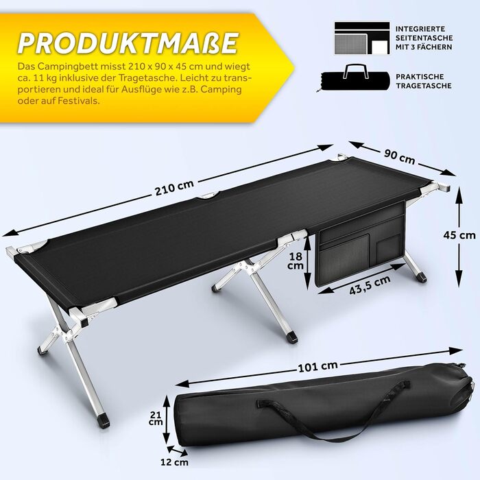 Розкладне польове ліжко TRESKO XXL 210x90x42 см, метал, до 150 кг, чорне, для кемпінгу