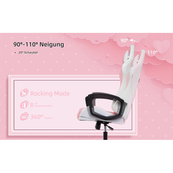 Ігрове крісло IntimaTe WM Heart, ергономічне, з регульованою спинкою, підголівником і подушкою для попереку, офісне, рожева шкіра, 52x49x130 см