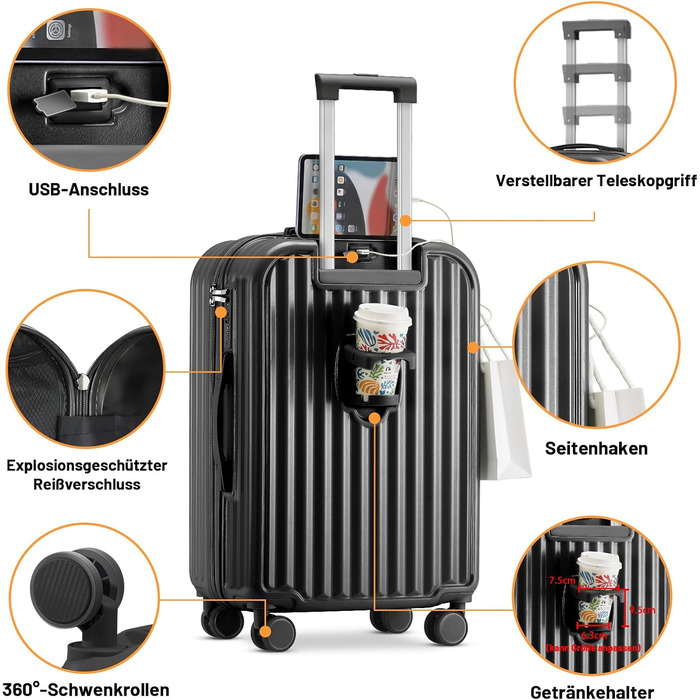 Набір валіз Tiyfiy 4 в 1 з жорстким корпусом, косметичка, USB-порт, TSA-замок, 360° колеса, чорний