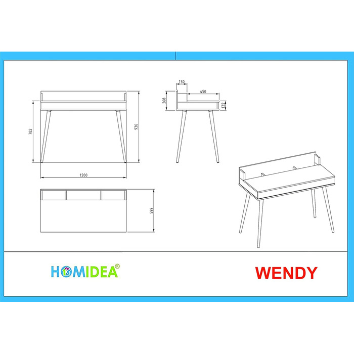 Письмовий стіл Wendy для ноутбука з дерев'яними ніжками, прихованою полицею, вінтажний дизайн для домашнього офісу або дитячої кімнати