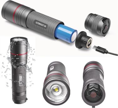 EMOS акумуляторний металевий ліхтарик CREE LED, 3 режими, фокус, водонепроникний, ударостійкий, 1200 люмен, до 280 м, стрічка і чохол, для дому та вулиці, сірий
