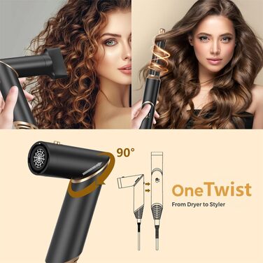 UKLISS Airstyler 5-в-1: Фен-щітка, стайлер для волосся з іонізацією, плойка, насадки для укладання (Чорний/Золотий)