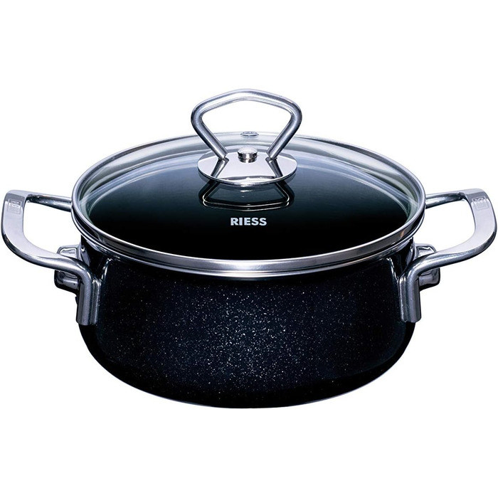 Riess Сімейний набір посуду 5 предметів NOUVELLE BLACK MAGIC EXTRA STARK: каструлі з кришками 16 і 20 см, сотейники з кришками 16 і 20 см, ковшик 12 см, емальований, чорний