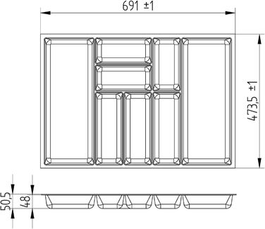 Лоток для столових приборів SO-BOX 3, 69,1x47,3 см, силіконова сірий канвас, для шухляд 80 см Nobilia (від серпня 2012) та інших кухонь