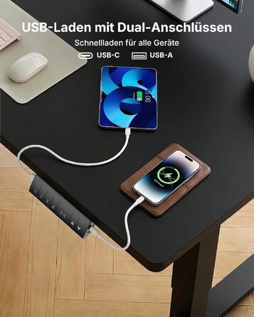 Регульований стіл HUANUO 160x80 см з USB-C/USB-A зарядкою, чорний. Висота 72-118 см, 4 режими пам'яті, кабель-менеджмент