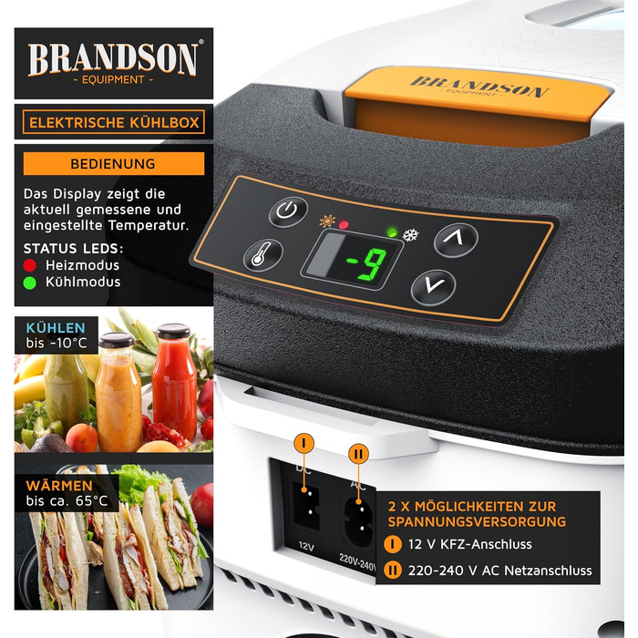 Автомобільний холодильник/термобокс електричний Brandson 10л (230V/12V), охолодження до +20°C, нагрів до 65°C, білий