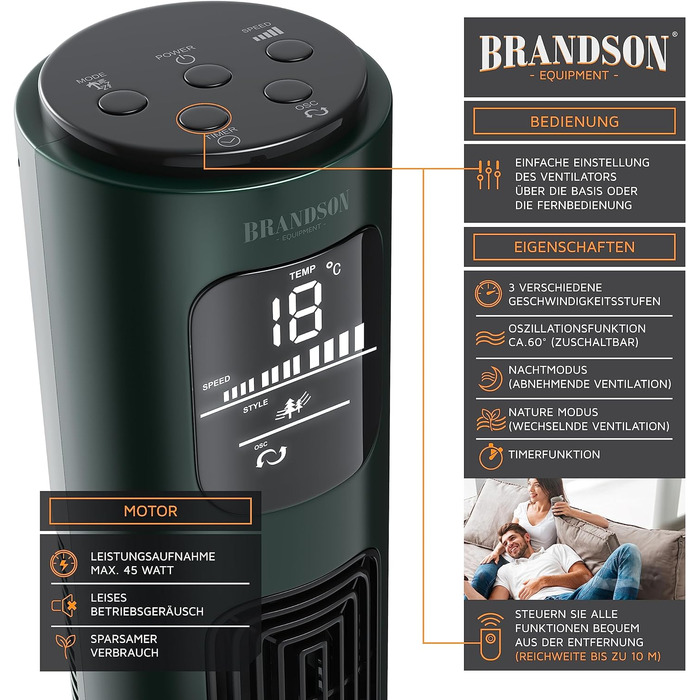 Турмовентилятор Brandson з пультом, 96 см, 3 швидкості, осциляція 60°, мобільний стовповий вентилятор, зелений, переможець 2024 року
