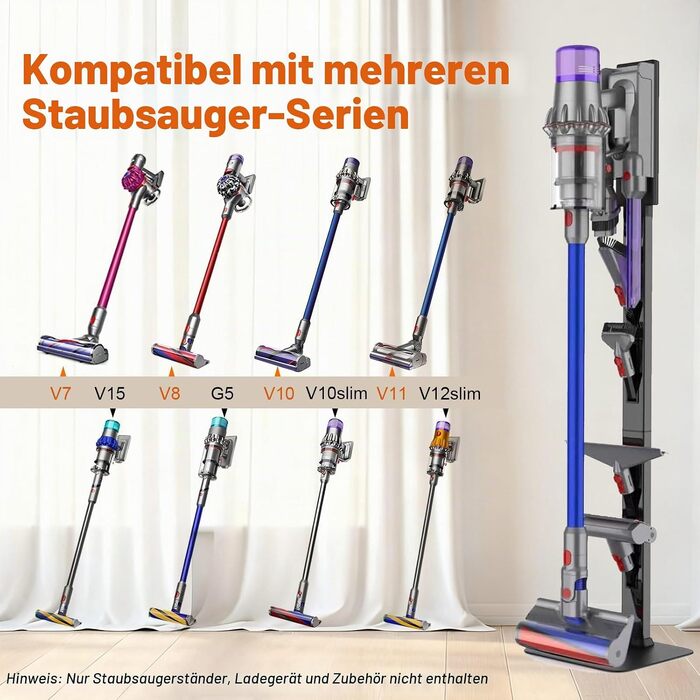 Підставка для бездротового пилососа Dyson з гачками для аксесуарів, стійка база з вуглецевої сталі, без свердління (Чорна)