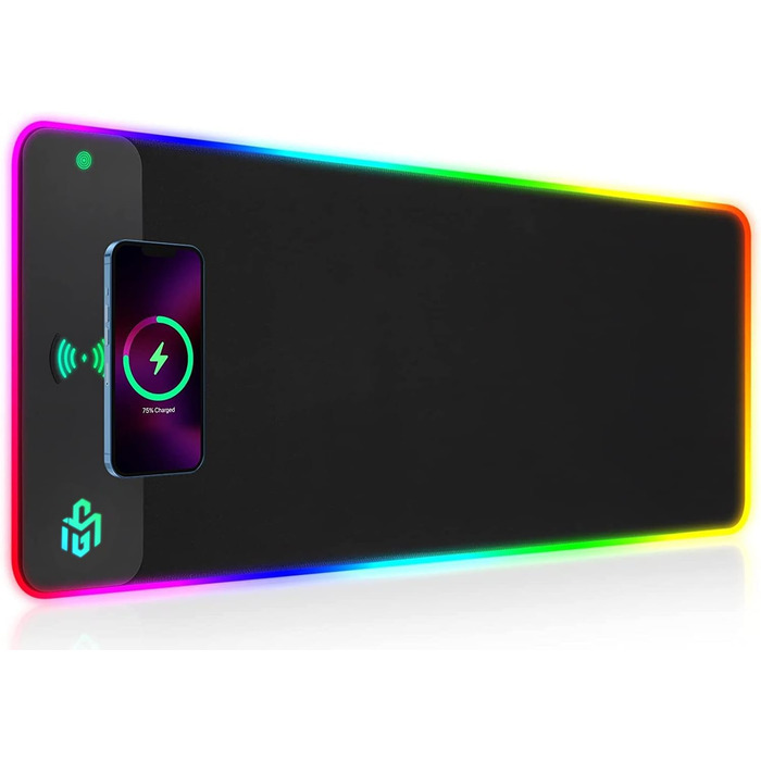 Ігрова мишка pad RGB з LED підсвічуванням та бездротовою зарядкою Qi 15W, чорний. Підходить для геймінгу, офісу та дому. Вологостійкий, з антиковзаючою поверхнею.