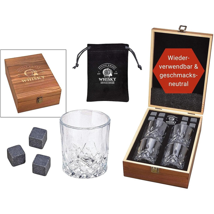 Набір охолоджуючих каменів WOMA з базальту (8 шт) та 4 склянки для віскі у дерев'яній коробці — багаторазові кубики для віскі, горілки, джину, рому, текіли та коктейлів
