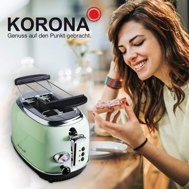Тостер Korona 21665 на 2 скибки, м'ятний, 810 Вт, регулювання ступеня підсмажування, функції розморожування, підігріву, підставка для булочок, піддон для крихт, центрування хліба