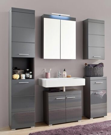 Комод для ванної кімнати trendteam Amanda, сірий глянець, 37x79x31 см, шафа для зберігання з регульованою полицею, дверцята зліва або справа, Agave Grau Hochglanz